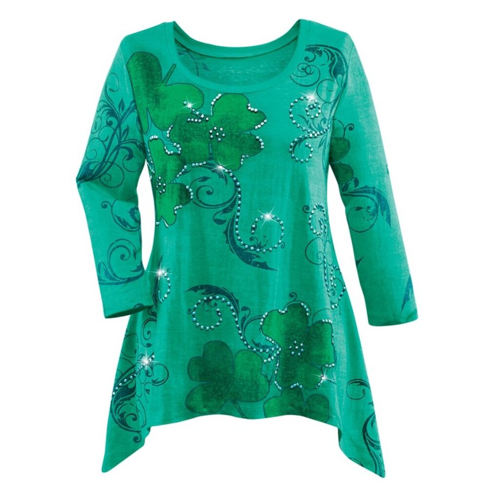 New XXL Emerald Green Shamrock Scrolling Sparkling Sequin Shark Bite Knit Tunic